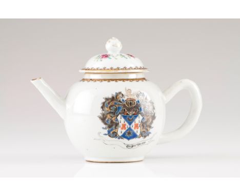 A teapot with cover  Chinese export porcelain Polychrome Famille Rose and gilt decoration depicting floral motifs and Europea