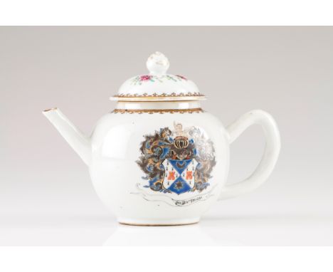 A teapot with cover  Chinese export porcelain Polychrome Famille Rose and gilt decoration depicting floral motifs and Europea