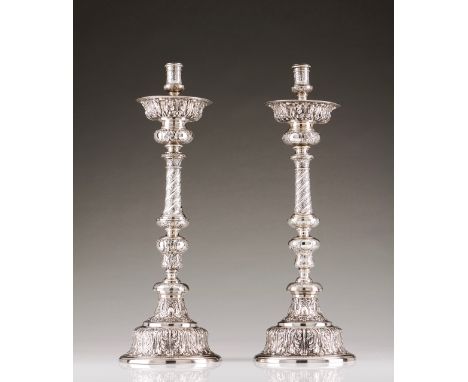 A rare pair of t D. Pedro II (1683-1706)/ D. João V (1706-1750) baroque tochéres  Portuguese silver of the late 17th, early 1