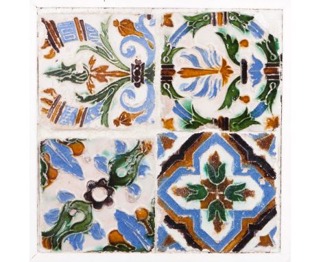 A set of four Hispano-Arabic tile panels  Each panel with four tiles with profuse decoration 16th century (small defects; mou
