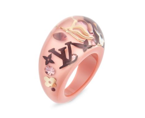 NO RESERVE LOUIS VUITTON RESIN INCLUSION RINGPink resin with LV logos and quatrefoils set as inclusions, stamped L, ring size