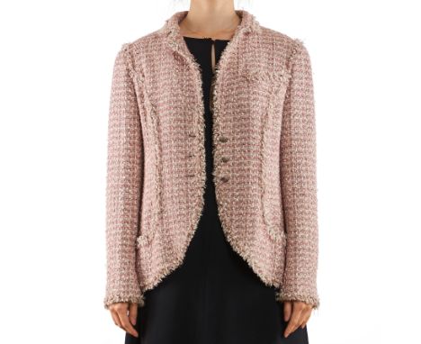 CHANEL PINK TWEED JACKETCondition grade B.Size French 44. 104cm chest, 70cm length. Pink, beige, and white tweed jacket with 