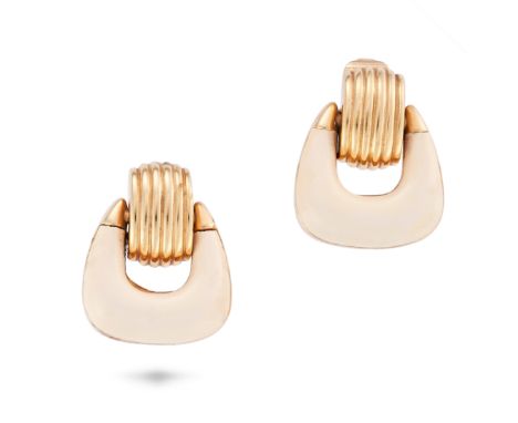 NO RESERVE CHRISTIAN DIOR WHITE ENAMEL CLIP-ON EARRINGS Gold plated ribbed metal design accented with white enamel, signed Ch