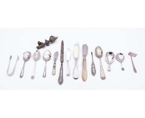 A mixed group of silver including; an 18th century child's rattle possibly by Joseph Smith- maker's mark only, engraved initi