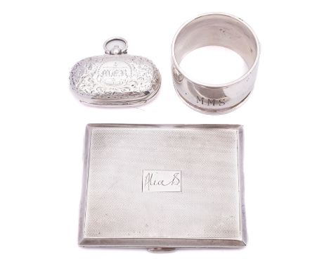 A mixed group of silver including;  a Birmingham silver double sovereign case, a Birmingham napkin ring and an ladies cigaret