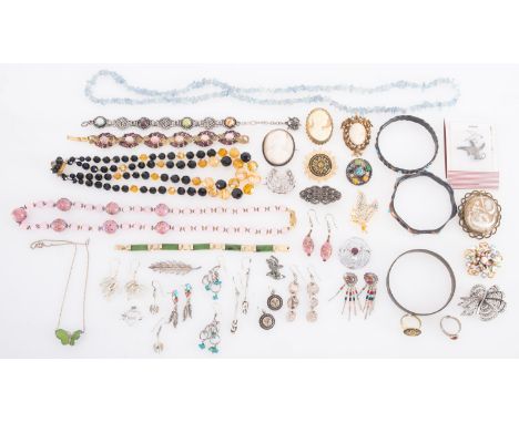 A mixed collection of costume and silver jewellery, including bangles;  bead necklaces and other necklaces; cameo brooches; b