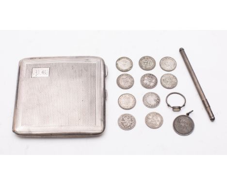 A George V silver cigarette case by Mayes, Mills & Co, Birmingham 1927, of square form, with engraved initials P.B, with a St