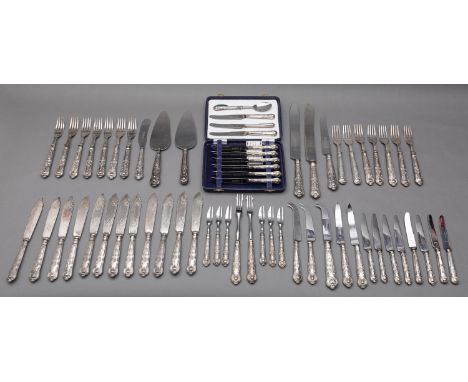 A mixed group of silver and silver plated Queen's pattern flatware including; a set of twelve fish knives and forks, with loa