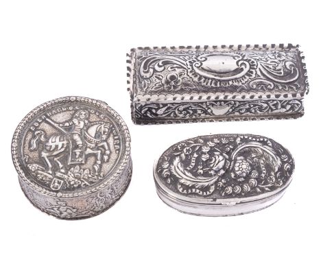 A Victorian silver dressing table pin box by I.H, Birmingham 1897, of rectangular embossed form, 65gms., with a Dutch silver 
