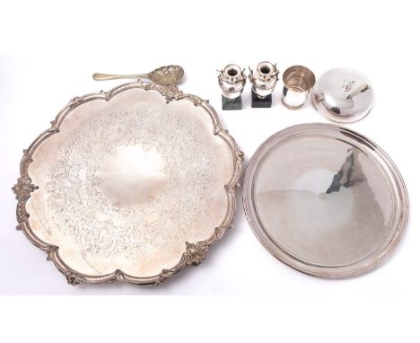 A mixed group of silver plated items; a large unmarked salver, 42.5cms. diameter, a circular tray, a canteen of King's patter