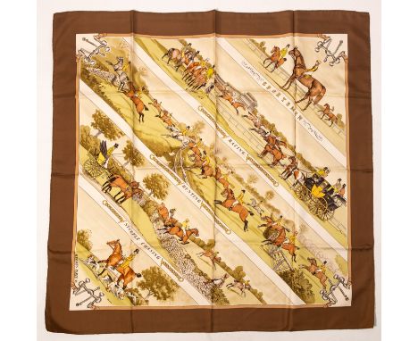 Hermes. A silk Hermes scarf, Sportsmen racing/hunting/steeple chasing, Phillipe Ledoux 1973, browns and yellow, approx. 88cm 