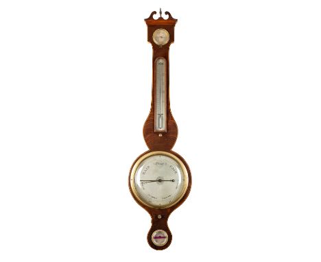 A Georgian mahogany wheel barometer the eight-inch silvered dial with usual barometer scales, blued-steel hand and brass poin