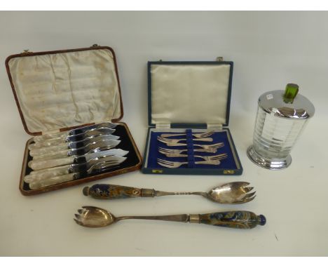 A cased set of six dessert forks, a cased set of six fish eates, an Art Deco glass and chrome lidded pickle/preserve pot and 