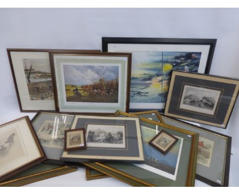 An assortment of framed and glazed prints including four Neil Cawthorne hunting prints, two miniature Baxter prints etc.