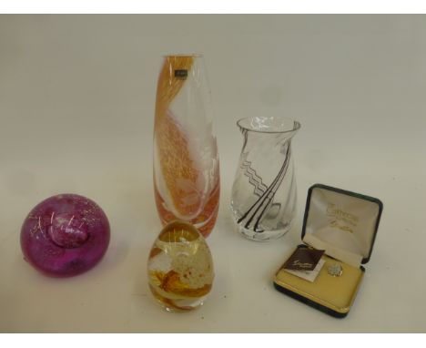 Two Caithness glass vases, two paperweights - Blessings and Fireball, and a Caithness tie pin.