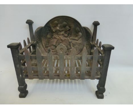 A cast iron fire basket with back plate depicting 18th Century figures.