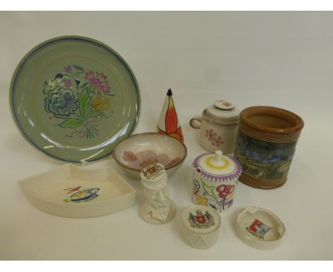 An assortment of mixed ceramics including Royal Doulton, Poole Pottery, Denby, a Lorna Baily sugar sifter and crestedware.