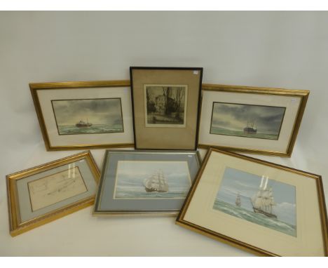 Four framed and glazed nautical studies, a framed and glazed Stewart Johnston engraving of the Golf Club House in Glasgow and