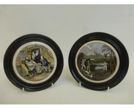 Two oak framed Prattware pot lids including men playing draughts and men game shooting.