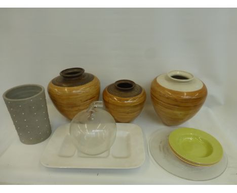 An assortment of contemporary home furnishings including bamboo effect vases, a Luceplan Super Girl SxG suspengede ceiling li