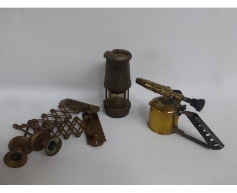 A The Wolf Safety Lamp Co. (Wm Maurice) Ltd, Sheffield, miner's lamp, a G.P.O. military blow torch - BURMOS England and a pai