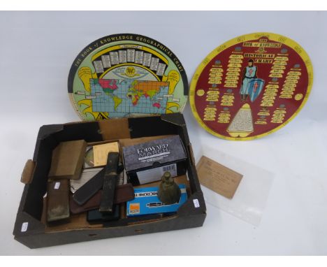 A box of assorted mixed collectables including a 1938 South Stand Cunard White Star Ltd and John Brown and Company Ticket to 