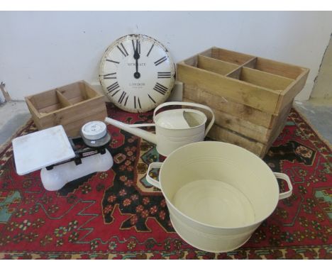 A set of W. & T. Avery Limited, Birmingham, shop scales with a 4lb Avery weight; a contemporary battery operated wall clock m