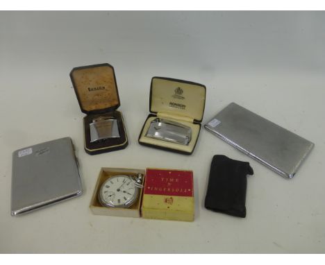 A cased Ronson Varaflame lighter with leather pouch, one other cased Ronson lighter, two cigarette cases with engine turned d