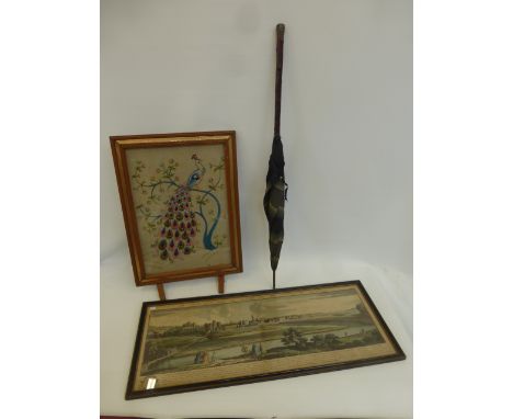 A framed and glazed coloured lithograph titled "The North West View of Cardiff in the County of Glamorgan", a lady's umbrella