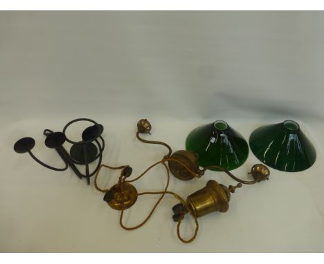 A gilded Art Deco ceiling light with pulley fixing, including glass shades and two wall candle sconces.