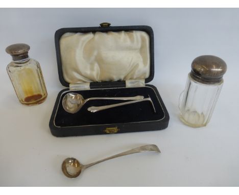 A cased silver push-pull Christening set, maker- E.J.M.J, Sheffield, 1941, two silver topped jars and a Georgian silver minia