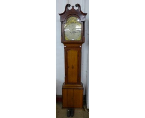 An 18th Century inlaid oak and mahogany 8-day longcase clock, the painted arched dial signed H. Cox, Nottingham 