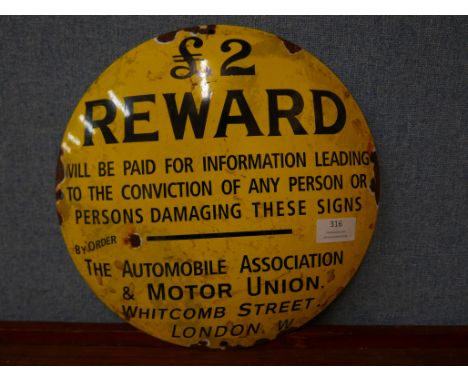 An enamelled Automobile Association &amp; Motor Union sign 