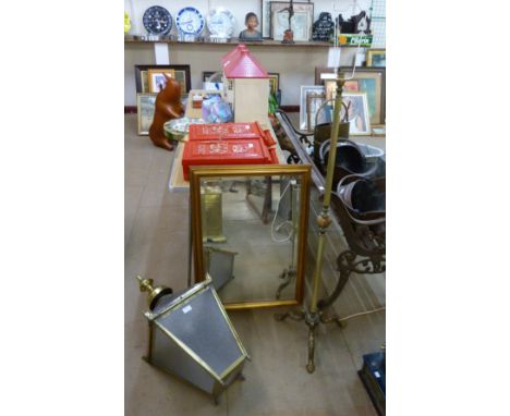 A Victorian style brass lantern, a standard lamp and a gilt framed mirror 