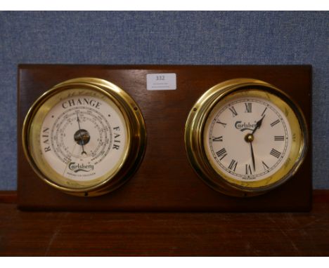 A wall mounted ships style brass clock and barometer, marked Carlsberg 