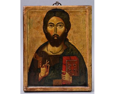 Ikone Christus Pantokrator, im griechischen Stil des 14. Jh., 2. H. 20. Jh.Tempera auf Holz (?), erhabener Rand, Goldgrund.  