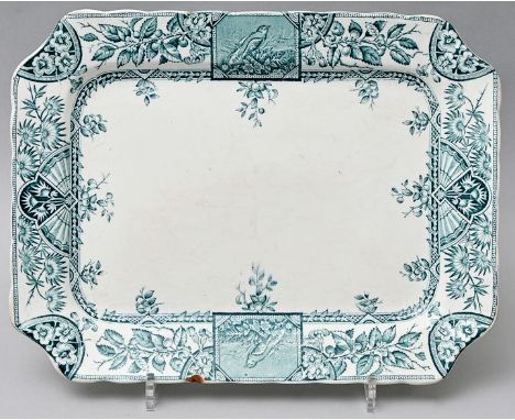 Vorlegeplatte, Stoke-on-Trent, Crown pottery, ca. 1900Steingut, achteckige Form mit gebogtem Rand, Kupferdruckdekor in Blaugr