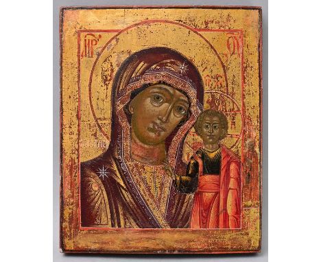 Ikone Gottesmutter von Kasan, Russland, 19. Jh.Muttergottesdarstellung mit einem Randheiligen, Tempera auf Holz, Goldgrund, p