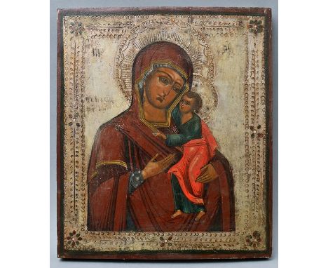 Griechische Ikone Gottesmutter Tolgskaja. Spätes 19./ 20. Jh. (?)Tempera auf zusammengesetzter Holztafel, Silbergrund, Rand m