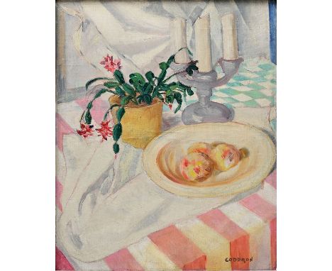 Coddron, Oscar, 1881 - 1960Stillleben mit Gliederkaktus, Früchten und Leuchter. Öl auf Leinwand auf Hartfaser, rechts unten s