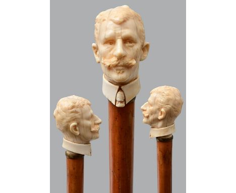 Spazierstock mit Portraitdarstellung aus Elfenbein, 19. Jh.Elfenbein, Malakkaholz. Elfenbeindarstellung eines gepflegten Mann