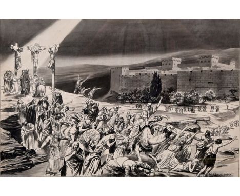 Baworowski, Anton Carl. 1853 Wien-1927 München, nachChristus am Kreuz, Schaulustige fliehen in großer Hast. Tuschezeichnung, 