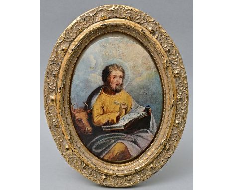 Heiligenbild Evangelist Lukas, Russland, 18./ Anf. 19. Jh.Darstellung des Apostels beim Verfassen des Lukas-Evangeliums, in e