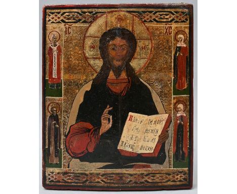 Ikone Christus Pantokrator, Russand, 19. Jh.Christus umgeben von vier Randheiligen, Tempera auf zusammengesetzter Laubholztaf