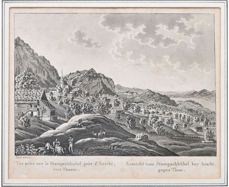 "Aussicht vom Stampachhügel bey Aeschi, gegen Thun"Aquatintaradierung von Sperli, Mitte 19. Jh. Unterhalb der Darstellung mit
