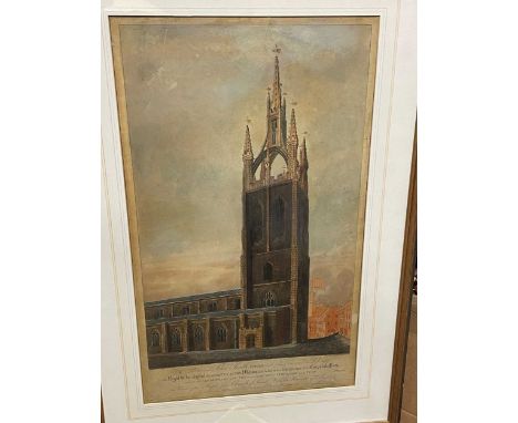 William Fowler View of the Steeple of the Church of St Nicholas, Newcastle upon Tyne, hand coloured etching 1818, 61.5 x 36.5