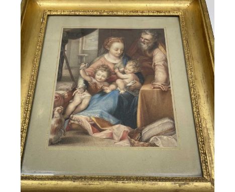 P.W. Tomkins after Barocci La Madonna Dell Gattohand coloured stipple engraving, gilt framed