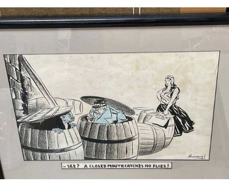 Mario Armengol (1909-1995) 'See ? A Closed Mouth Catches No Flies!', original political cartoon depicting Marshal Pétain and 