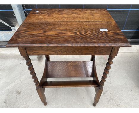 AN EARLY 20TH CENTURY OAK BARLEY TWIST OCCASIONAL TABLE, 22" X 18", THE LOWER SECTION BEING A BOOK TROUGH 