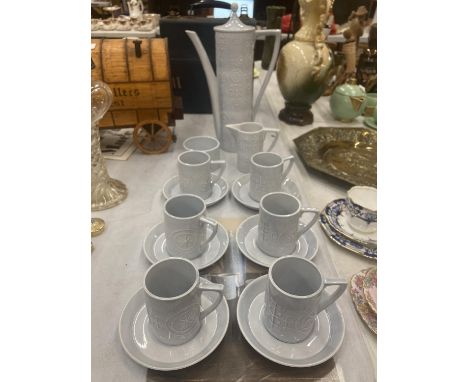 A PORTMEIRION PALE GREY 'TOTEM' COFFEE SET TO INCLUDE COFFEE POT, CREAM JUG, SUGAR BOWL, CUPS AND SAUCERS 